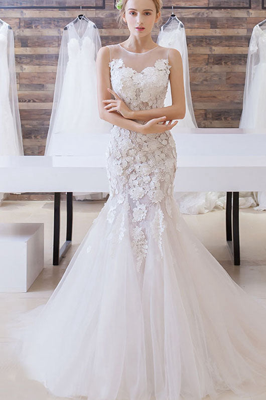 Illusion Lace Applique Mermaid Wedding Dresses – Angrila