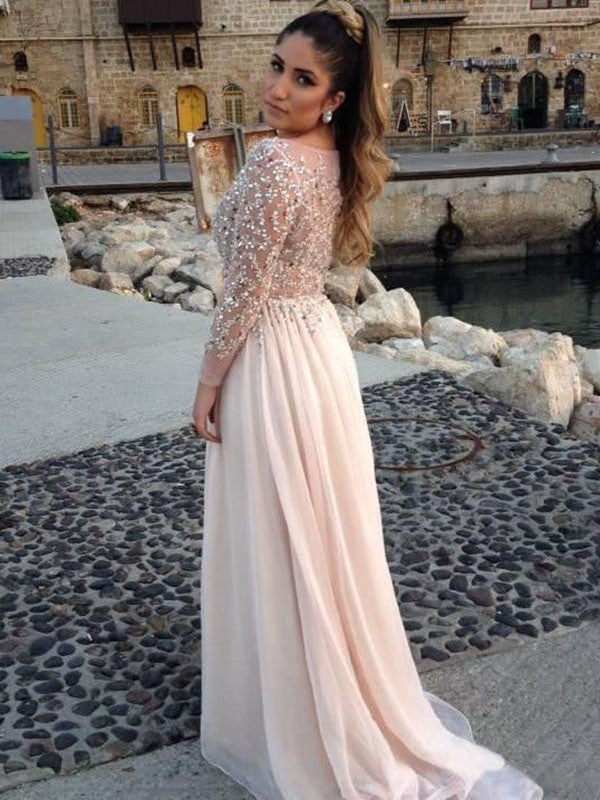 A-line Chiffon Bateau Long Sleeves Beading Floor-length Prom Dresses