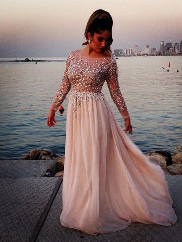 A-line Chiffon Bateau Long Sleeves Beading Floor-length Prom Dresses