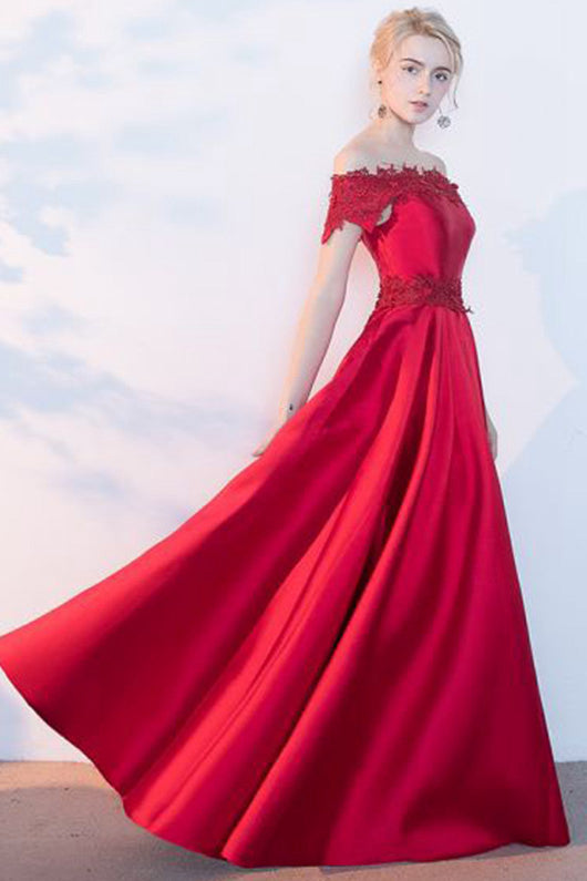 A-line Off-the-shoulder Satin Long Homecoming Dresses