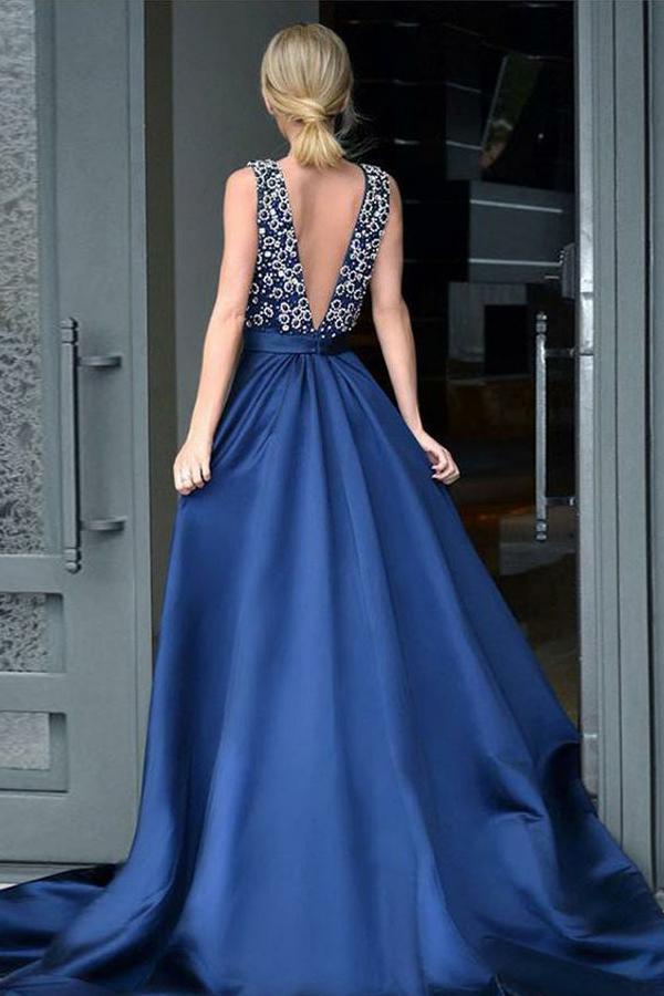 Sexy A-line Deep V-neck Sleeveless Beading Long Prom Dresses