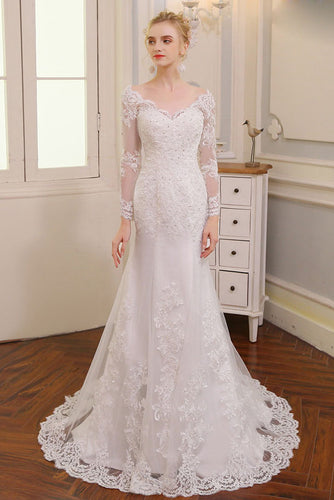 V-Neck Long Sleeves Lace Wedding Dresses