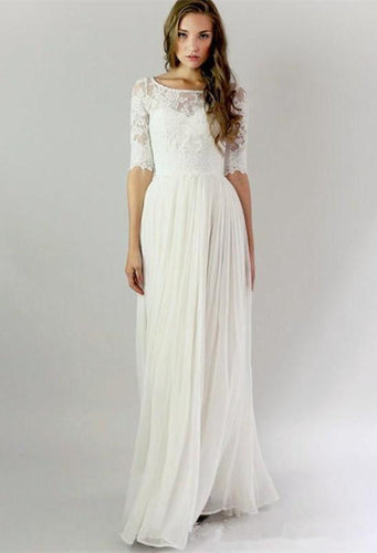 A-line 1/2 Sleeves Covered Button Floor-length Lace & Chiffon Bridal Wedding Dresses