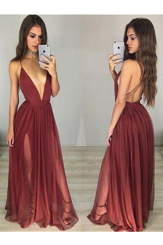 Sexy A-line Deep V-neck Criss-Cross Backless Straps Long and Tulle Prom Dresses with Slit