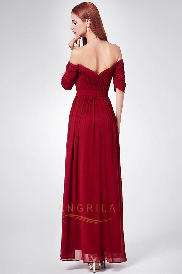 A-line Off-the-shoulder Short Sleeves Long Chiffon Bridesmaid Dresses