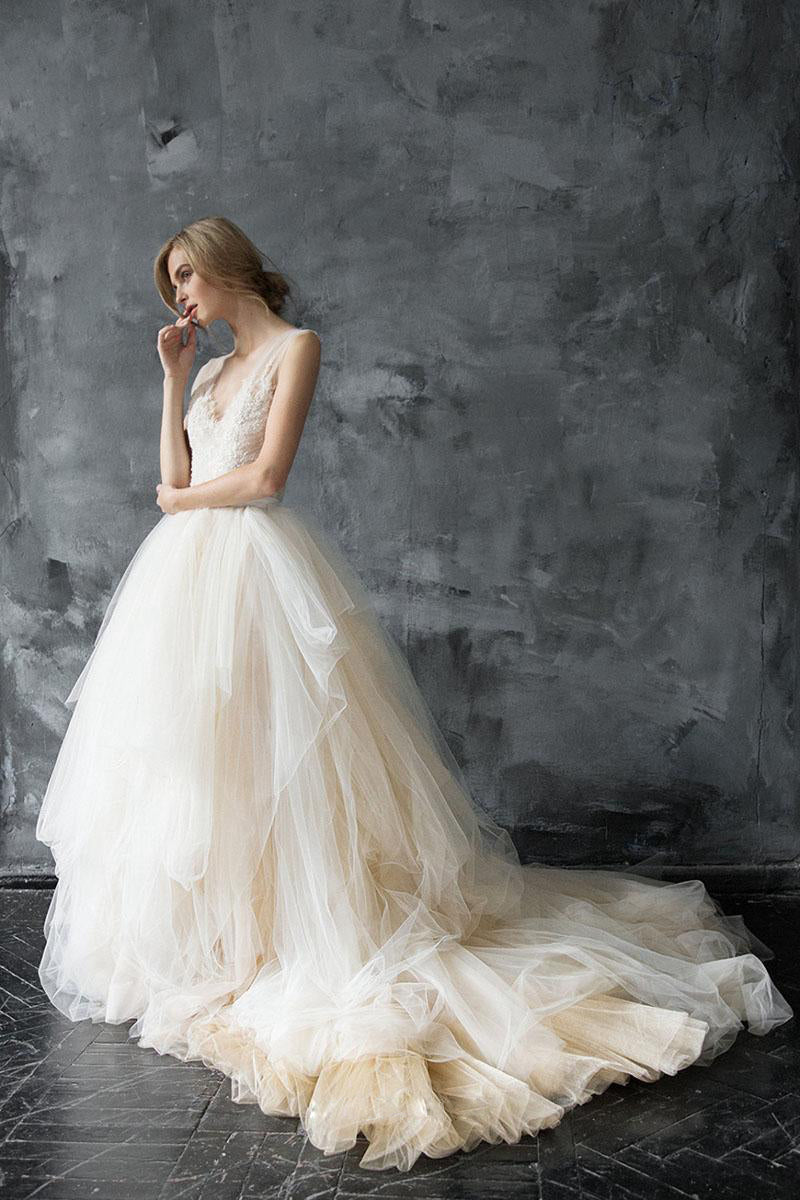 Champagne Soft Tulle & Lace Wedding Dresses with Illusion Straps