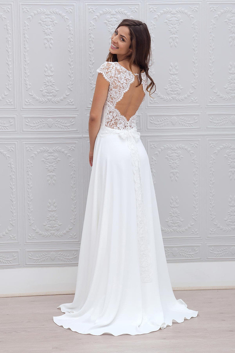 A-Line Cap Sleeves Open Back Lace Chiffon Bridal Wedding Dresses with Sweep Train