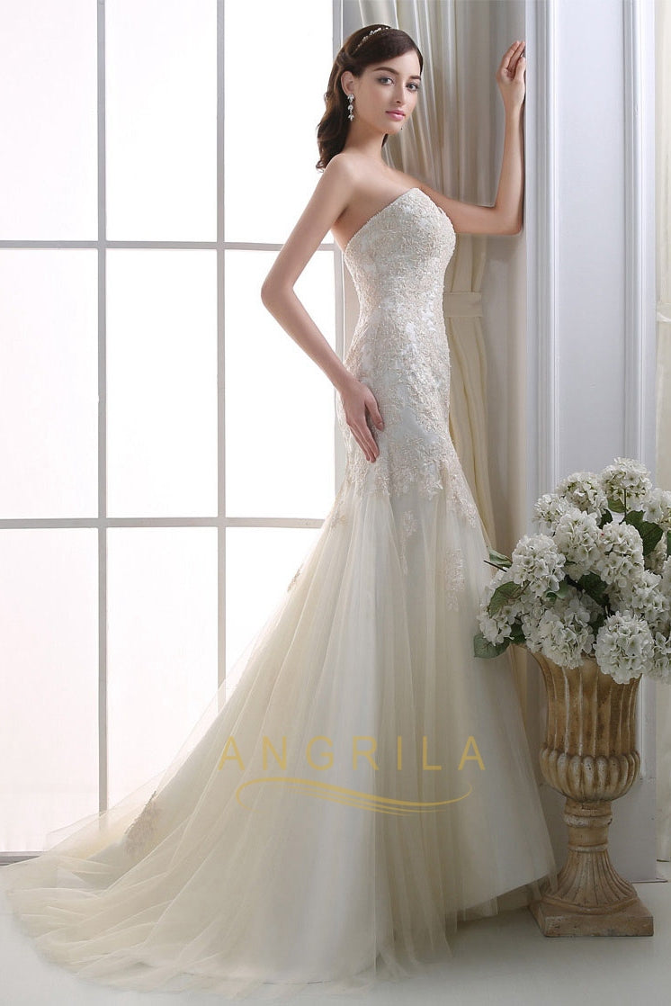 Strapless Beading Lace Appliques Long Wedding Dresses