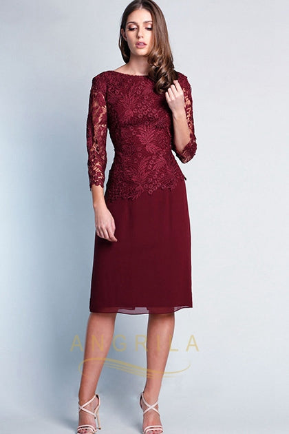 Sheath/Column 3/4 Sleeves Knee-length Lace Dresses