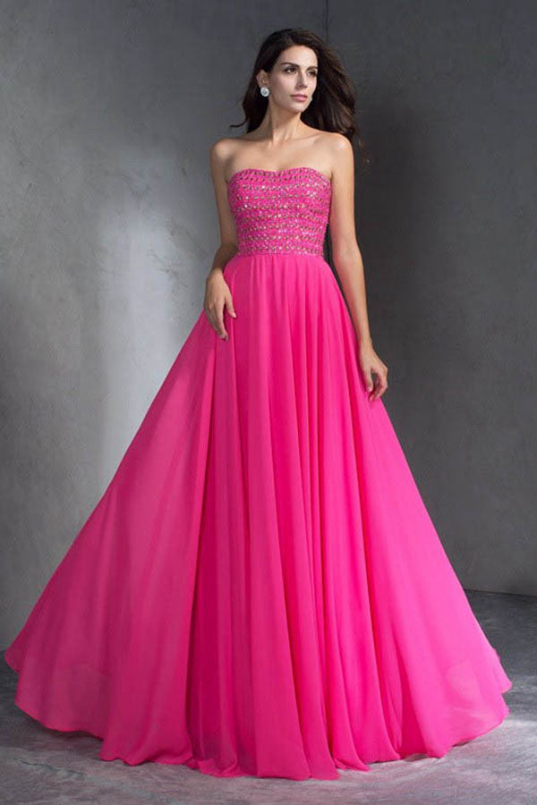 Modest Strapless Open Back Long Chiffon Prom Dresses