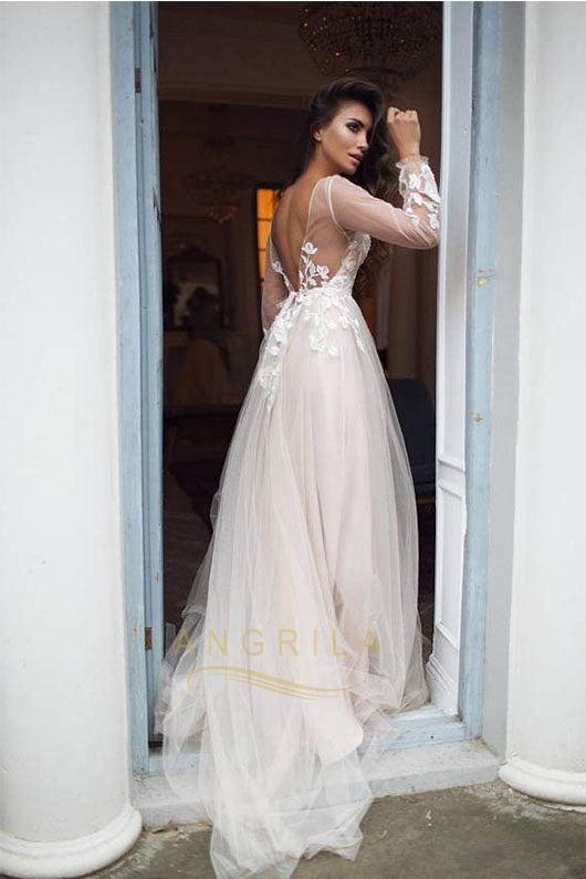 Fairytale Long Sleeves V-Neck Tulle Wedding Dresses