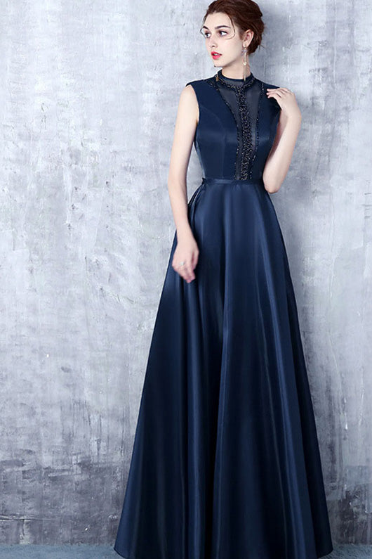 A-Line Sleeveless Beading Long Formal Prom Dresses