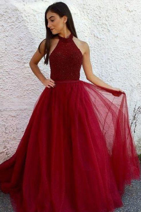 A-line Halter Sleeveless Sequins Long Tulle Formal Dresses