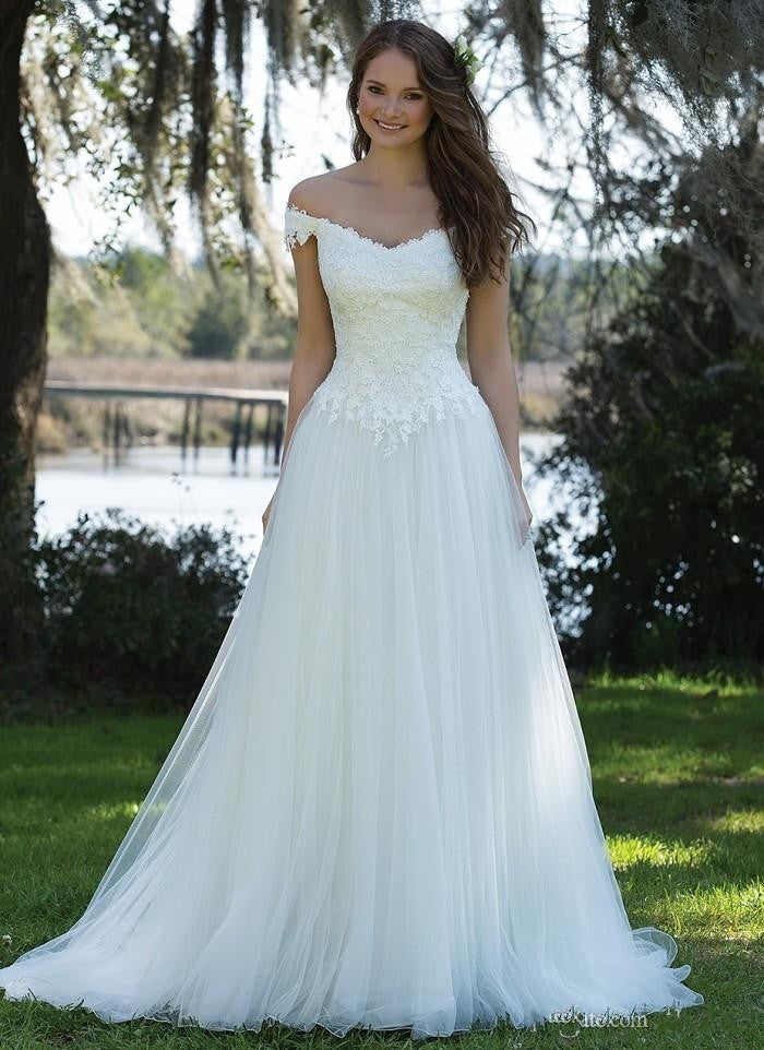 A-Line Off-the-Shoulder Sweep Train Chiffon Wedding Dresses