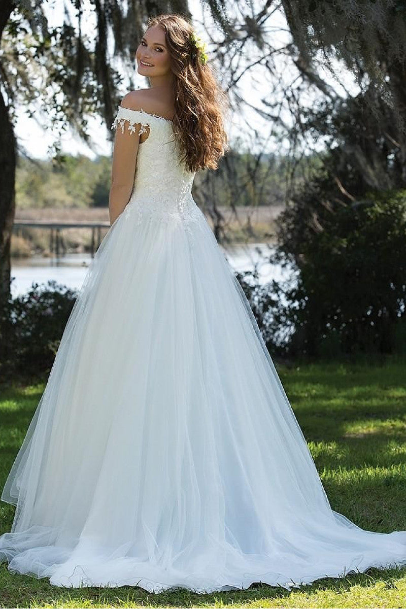 A-Line Off-the-Shoulder Sweep Train Chiffon Wedding Dresses