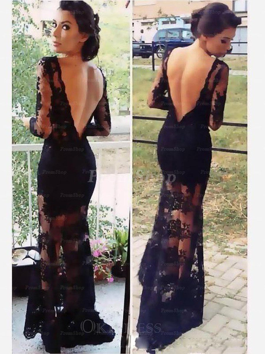 Back V-neck Floor Length Lace Prom Dresses With Long Sleeve