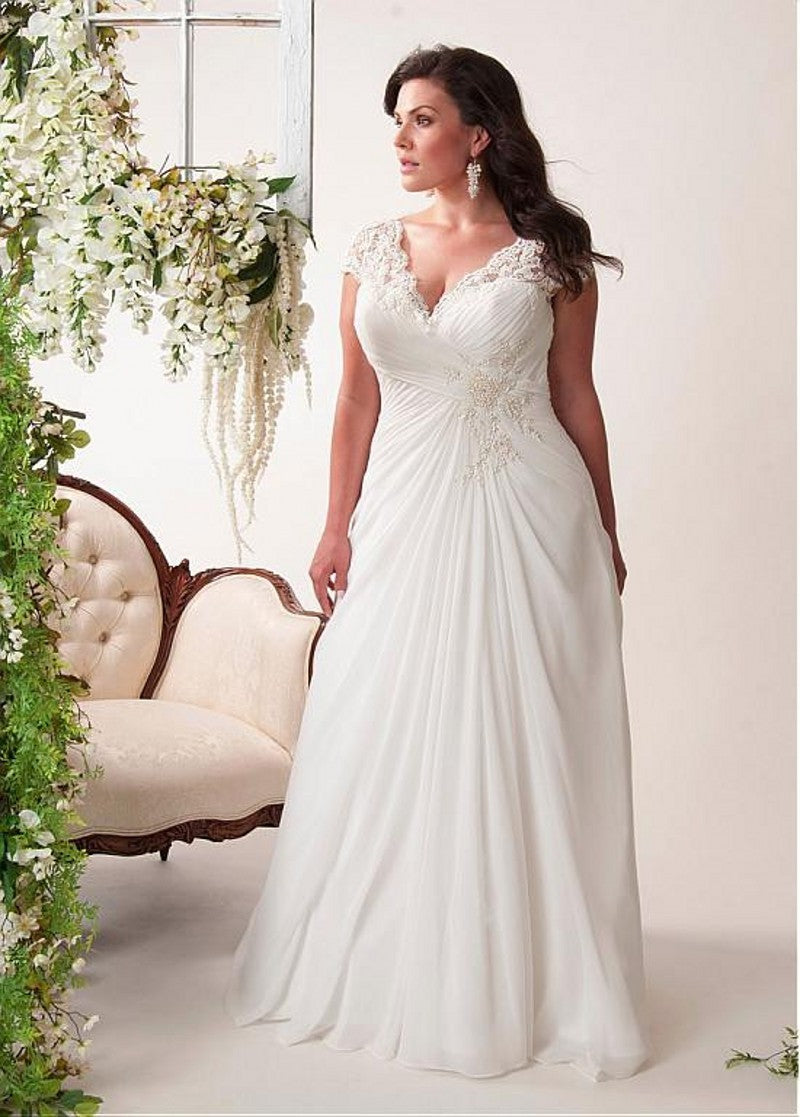 Plus size V-neck Cap Sleeve Lace Applique Pleated Long Chiffon Bridal Wedding Dresses