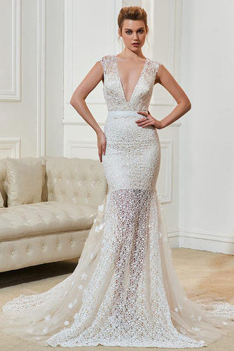 Lace Deep V-Neck Sleeveless Wedding Dresses