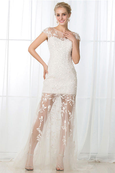 Cap Sleeves Illusion Neckline Long Bridal Dresses with Lace Applique