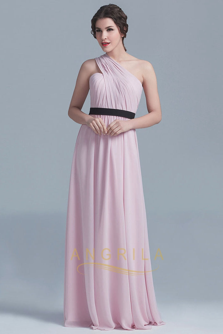 Charming One-Shoulder Floor-Length Pink Chiffon Bridesmaid Dresses