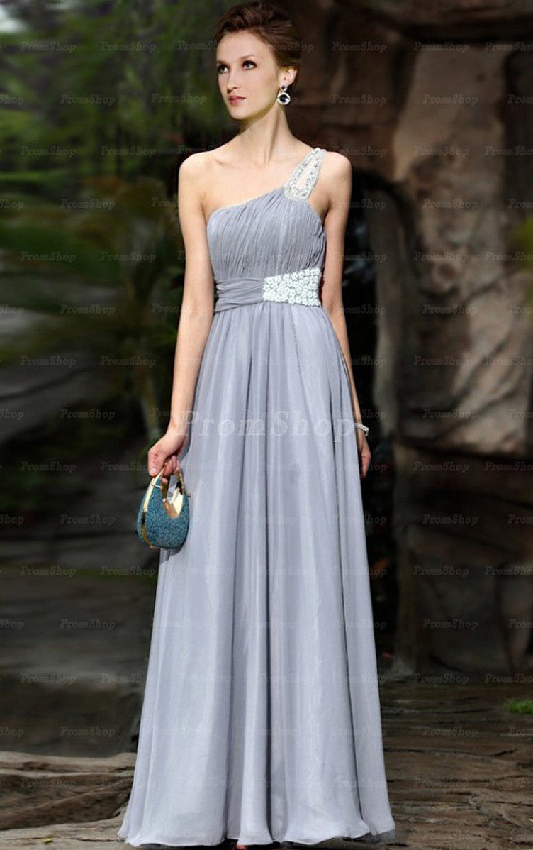 A-Line One-Shoulder Floor-Length Chiffon Prom Dresses With Beading Sequins