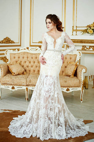 Elegant Long Sleeves V-Neck Mermaid Lace Wedding Dresses