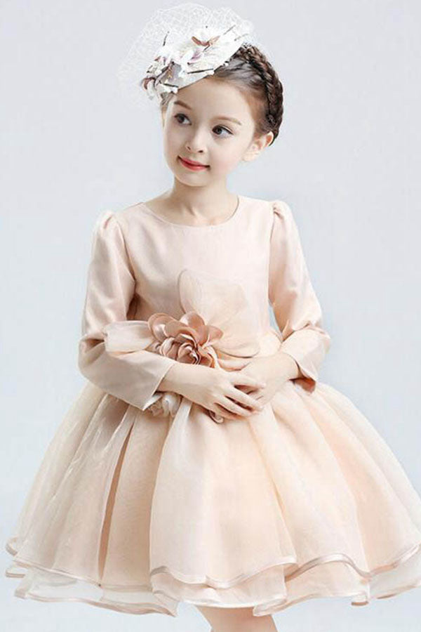 Champagne A-line/Princess Long Sleeves Flower Girl Dresses with Handmade Flowers