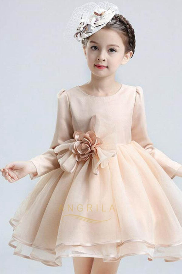 Champagne A-line/Princess Long Sleeves Flower Girl Dresses with Handmade Flowers