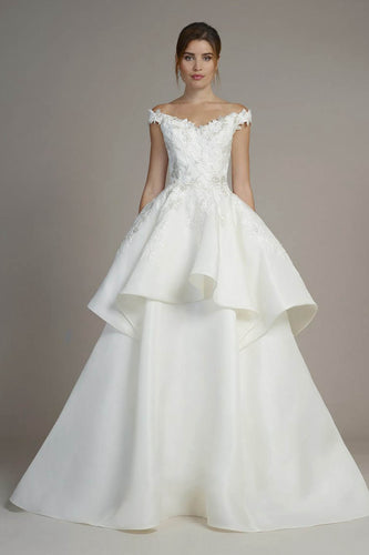 Silk Off-the-Shoulder Ball Gown Wedding Dresses with Lace Appliques