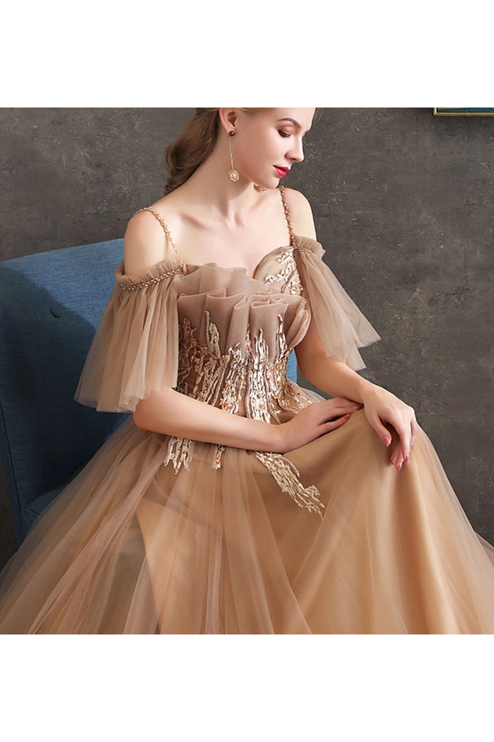 Long Tulle Formal Prom Dress A Line with Off-the-shoulder