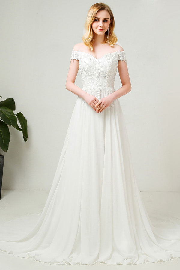 A-Line/Princess Off-the-Shoulder Chiffon Wedding Dresses with Lace Appliques