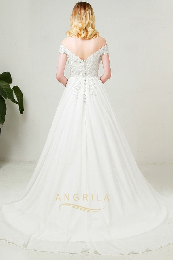 A-Line/Princess Off-the-Shoulder Chiffon Wedding Dresses with Lace Appliques