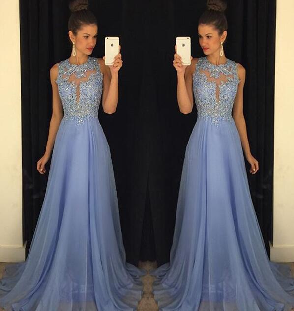 Astonishing A-line Scoop Sleeveless Beading Long Chiffon Formal Prom Dresses