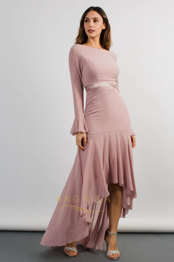 Elegant High-Low Bateau Neckline Wedding Guest Dress with Long Sleeves