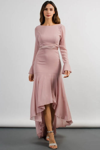 Elegant High-Low Bateau Neckline Wedding Guest Dress with Long Sleeves