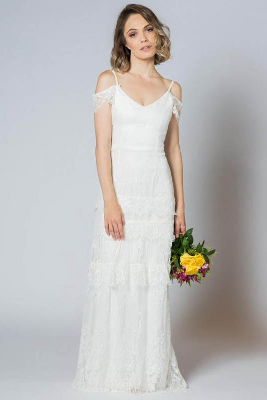 Bohemian Sheath V-Neck Spaghetti Straps Lace Bridal Wedding Dresses