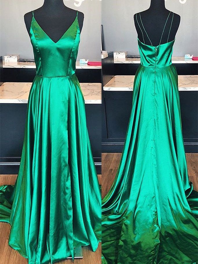 Spaghetti Straps V Neck Split Prom Dresses