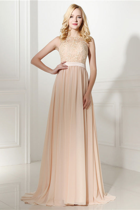 Princess sleeveless Lace Top Long Chiffon Sweep Train Bridesmaid Dresses