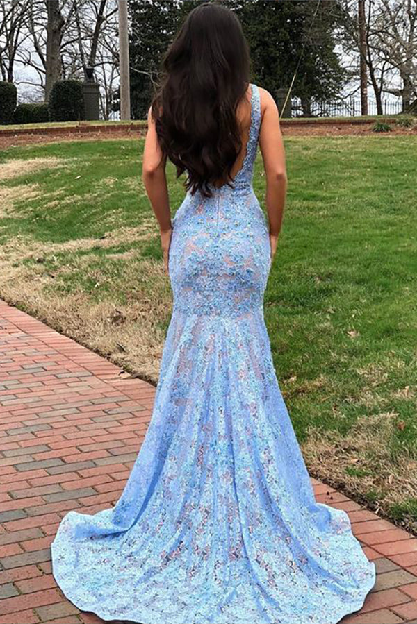 Sleeveless Trumpet/Mermaid Deep V-neck Long Prom Dresses with Open Back