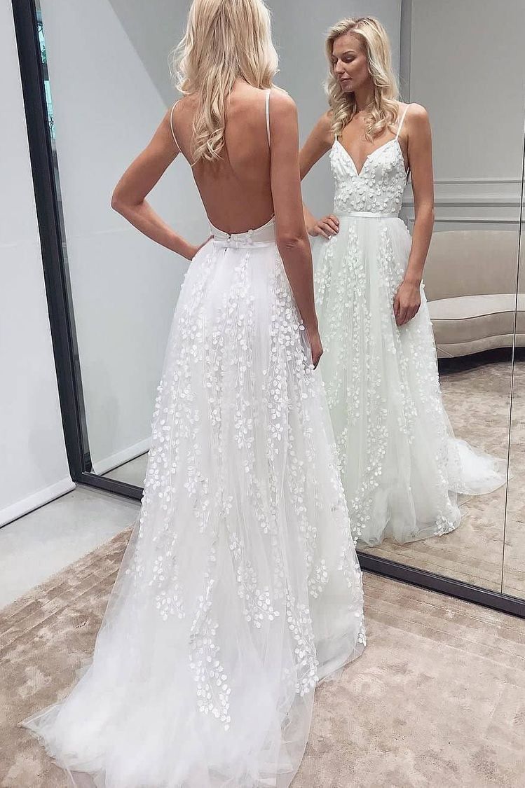 A-line Tulle Spaghetti Straps Boho Long Wedding Dresses