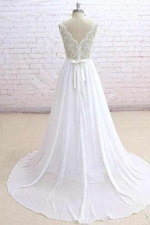 Sleeveless Long Chiffon Wedding Dress with Lace