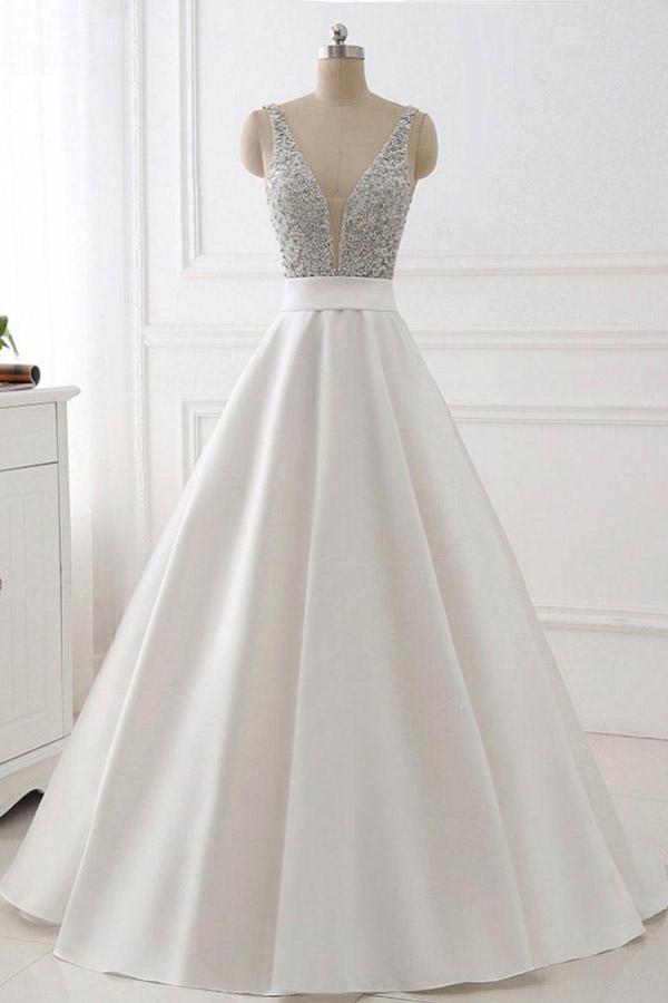 A-Line Deep V-neck Sleeveless Open Back Sweep Train Formal Dress/ Wedding Dress with Sequins