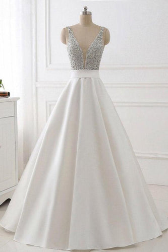 A-Line Deep V-neck Sleeveless Open Back Sweep Train Formal Dress/ Wedding Dress with Sequins