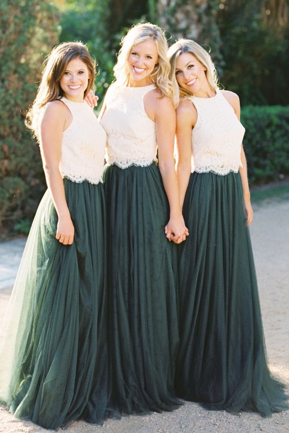 Two-piece Jewel Tulle Bridesmaids Dress with Lace