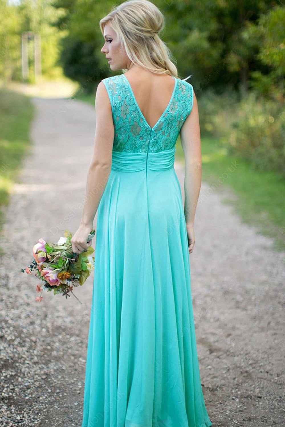 A-line Sleeveless Lace Top with Beading V-back Long Chiffon Bridesmaid Dresses