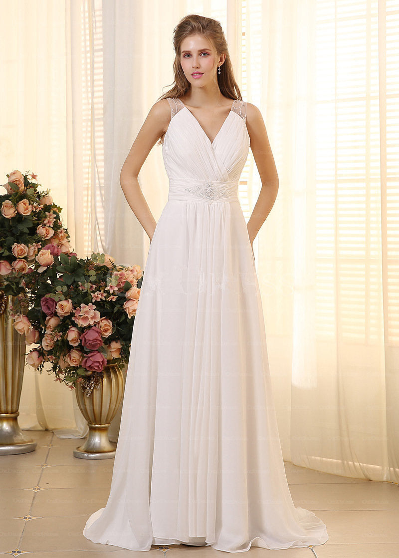 Junoesque A-Line V-neck Sleeveless Beadings Pleated Chiffon  Wedding Dresses