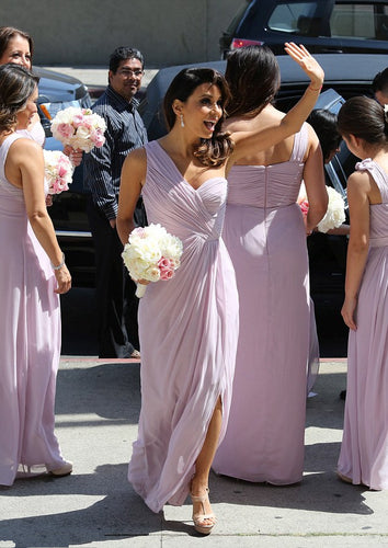 Mature Sleeveless One-shoulder Side Split Pleated Long Bridesmaid Dresses