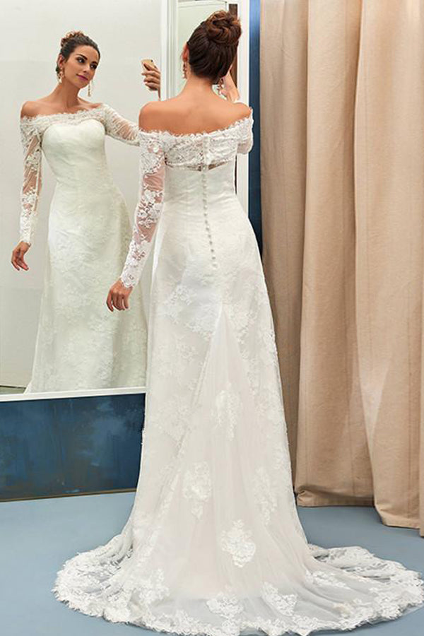 Sheath/Column Off-the-shoulder Full/Long Sleeves Lace Appliques Bridal Wedding Dresses