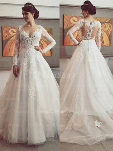 Illusion Chapel Train Chiffon Wedding Dress With Long Sleeve