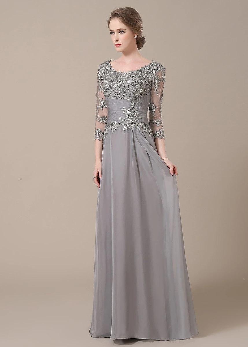 3/4 Sleeves Sheath/Column Lace Chiffon Floor Length Mother of the Bride Dresses